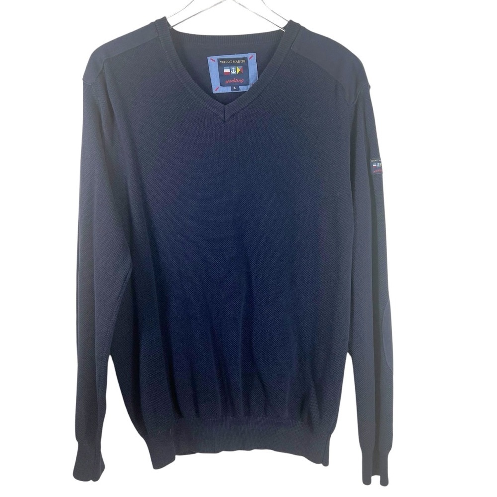 TRICOT MARINE Yachting Navy V-Neck Waffle Knit Long Sleeve Men's Large Shirt